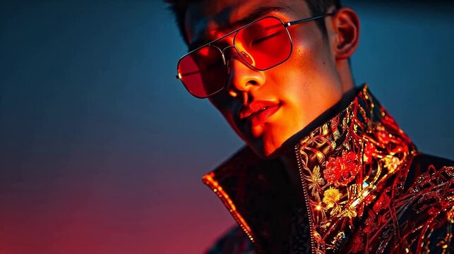 Man wearing ornate jacket and red glasses