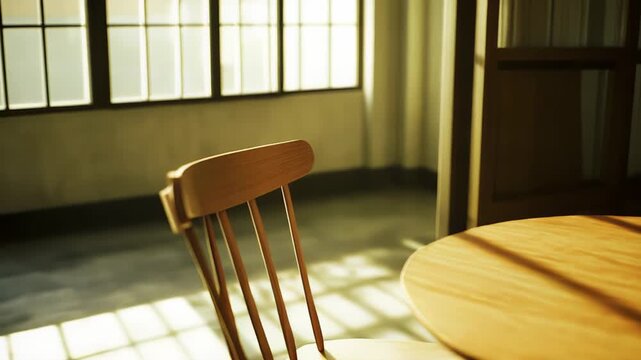 Empty wooden chair and round table standing in a sunlit room, with bright natural light coming through a large window, creating striking shadow patterns on the floor and furniture