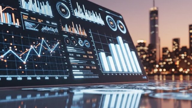 Closeup of a large computer screen displaying various graphs and charts with a city skyline in the background at dusk or dawn