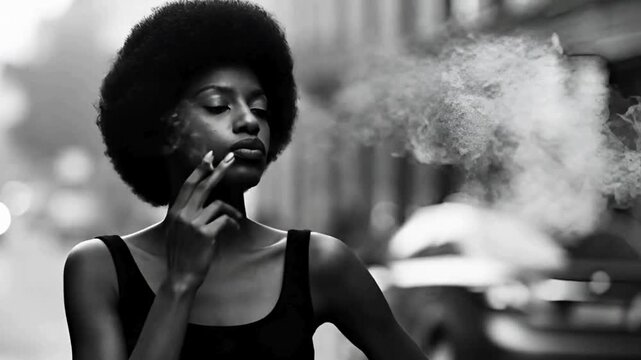 An elegant woman with striking features, taking a serene pause, exhales a puff of smoke. The high-contrast black and white photography underscores the woman's pensive expression.
