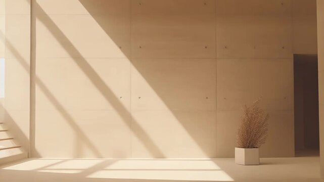 Minimalist concrete interior with strong geometric sunlight and shadows across wall and floor, a lone potted dried plant adding warm, serene, architectural simplicity and depth