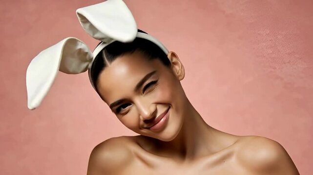A captivating portrait of a woman in bunny ears, exuding charm and playfulness, with a wink and radiant smile against a lovely background.