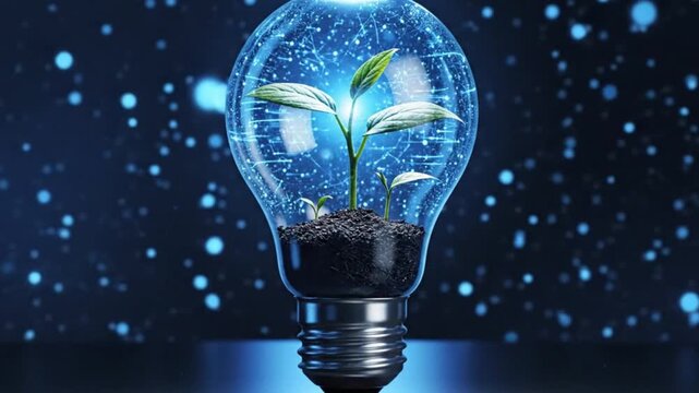 A lightbulb with a small green plant growing inside it on a dark blue background with glowing blue dots