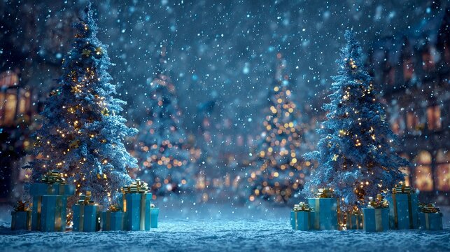 A serene winter wonderland scene with snow-covered trees and presents on a snowy night