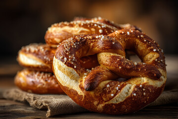 Fototapeta premium Fresh Soft Pretzels with Salt Crystals on Rustic Linen