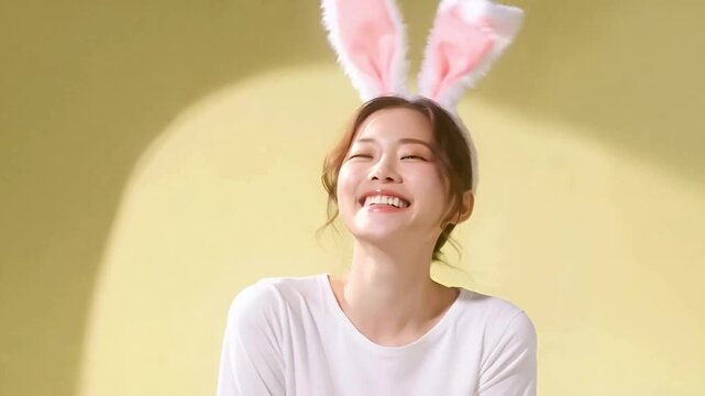 A joyful young woman with playful bunny ears on, exuding happiness and lightheartedness in a cheerful setting.
