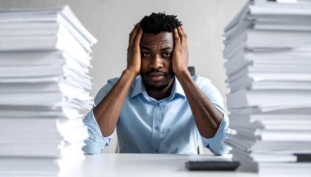 Hombre profesional estresado sujet&aacute;ndose la cabeza frente a pilas de documentos en oficina