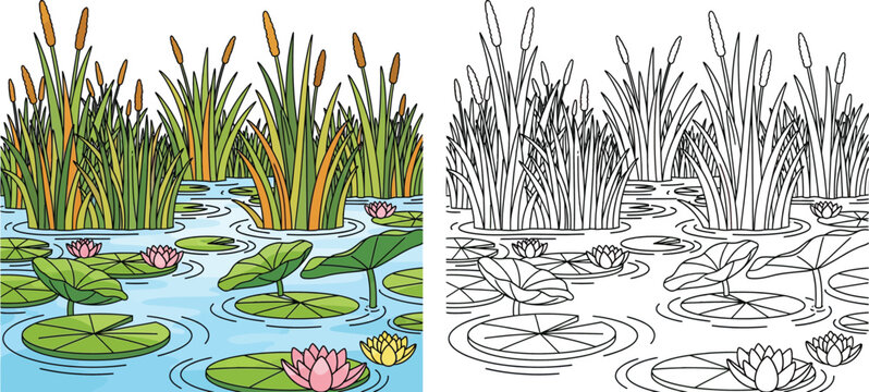 Cartoon Pond Landscape with Lily Pads Water Lilies and Cattails Nature Scene