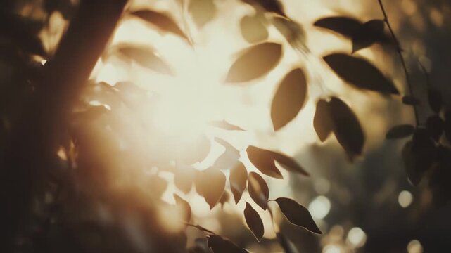 Sun rays creating a warm, golden haze, filtering through dark green leaves and branches, highlighting delicate textures with sunflares and soft bokeh lights in a peaceful natural environment