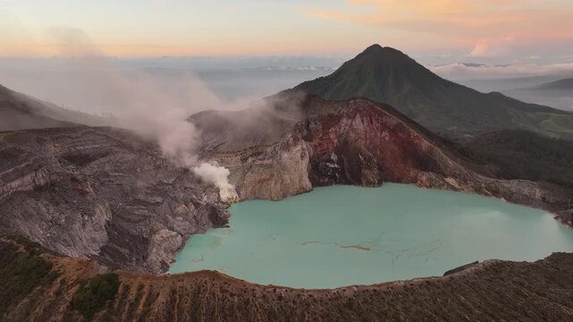 Mount Ijen Volcano Crater with Turquoise Lake at Sunrise, Indonesia