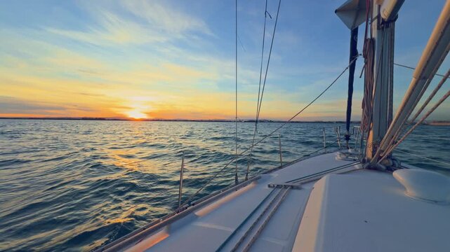Valencia sailboat at sunset cruising on Mediterranean sea with golden light