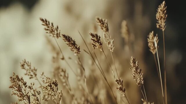 Golden dry wild grass and plants, illuminated by soft warm light, create a peaceful rural scene evoking nature's tranquility and the essence of changing seasons