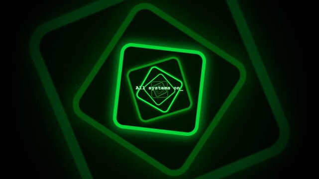 A close-up of neon green geometric shapes with glowing pentagram symbols against a black backdrop, captured from a centered perspective in illustration