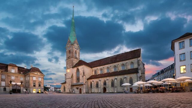 Zurich, Switzerland. View of Fraumunster Church (Kirche Fraumunster) at dusk (static image with animated sky)