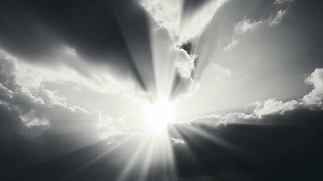 Powerful sun rays bursting through a dramatic cloudscape, symbolizing hope, spirituality, and a breakthrough moment, with contrasting light and shadow creating an inspiring and ethereal scene