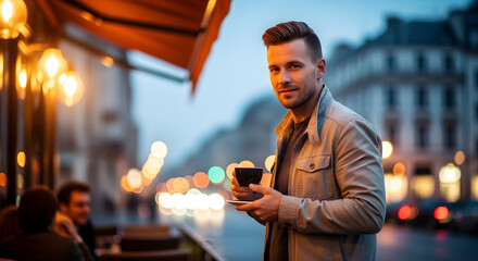 Man sitting at caf&eacute; table, warm soft light bokeh behind, cozy lifestyle shot