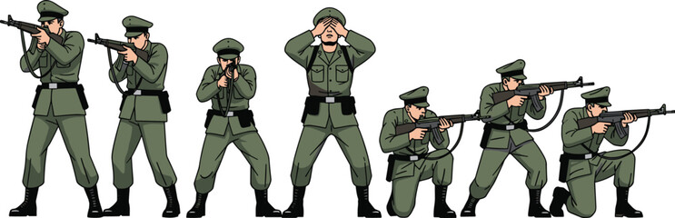 Fototapeta premium Set of flat vector military soldiers in green uniforms featuring various combat poses including aiming rifles kneeling and standing alert