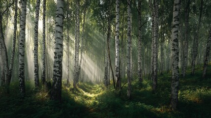 Obraz premium A serene forest landscape with sunlight filtering through the trees