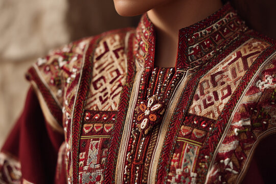 A close-up of traditional Libyan attire, richly embroidered 'farajiyah' or 'jallabiya', showcasing intricate needlework and cultural pride.