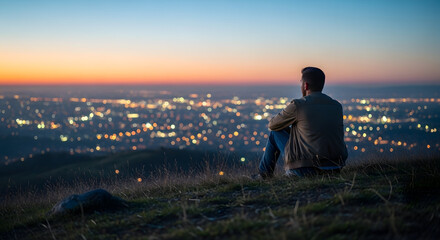 Man sitting on hill, distant city lights as soft bokeh, dusk mood