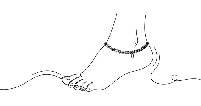 Elegant female foot ankle bracelet minimalist line art design. Non editable stroke
