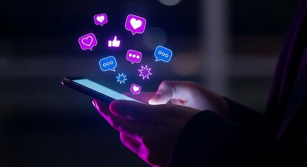 Hands holding smartphone with glowing social media floating above