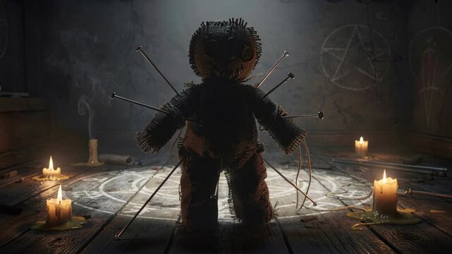 Dark and moody voodoo doll ritual scene with a focus on fear, mystery, and the supernatural. Image depicts a doll stuck with needles, encircled by candles and ritual symbols, ideal for occult themes
