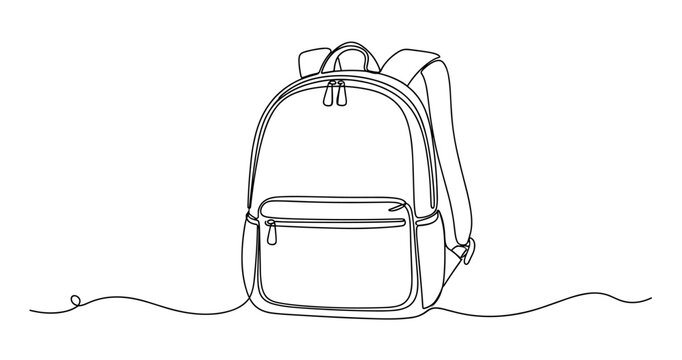 Minimalist line art of backpack with front pocket and zippered compartments. Non editable stroke