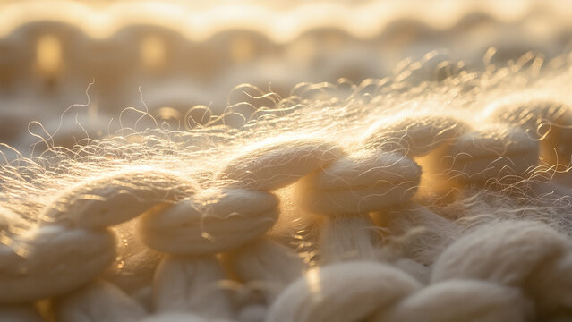 Entwined cream wool strands glowing in golden backlight highlighting frizzy fibers against soft bokeh texture