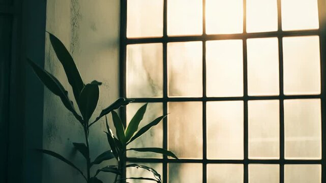 Potted green plant by a window with square grilles, bathed in warm morning sunlight and soft shadows, creating a calm, cozy indoor atmosphere with natural glow