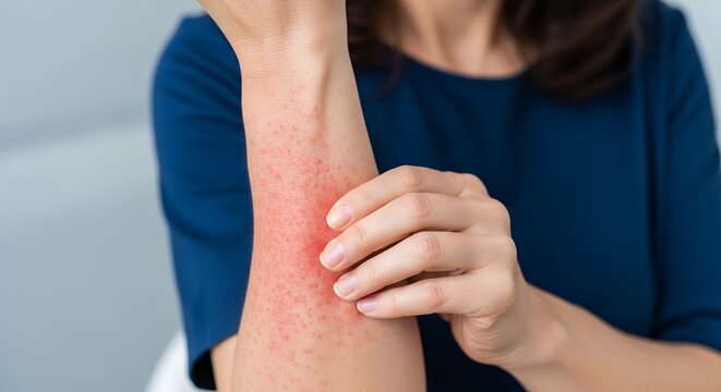 Woman scratches arm with rash due to allergic reaction or skin condition