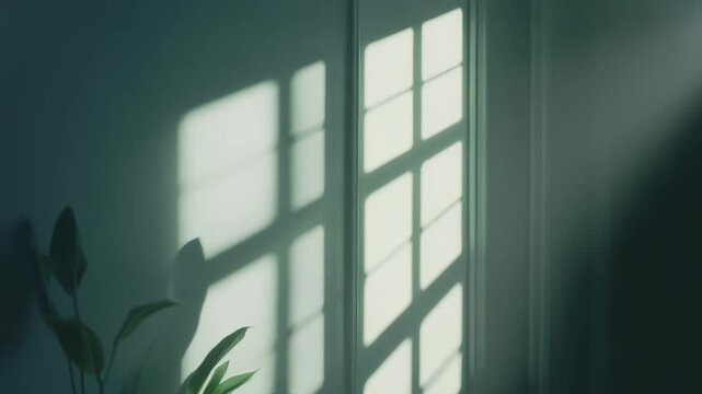Sunlight creating striking geometric patterns of window shadows on a muted green wall, illuminating a vibrant green houseplant and bringing a sense of calm to the minimalist indoor space