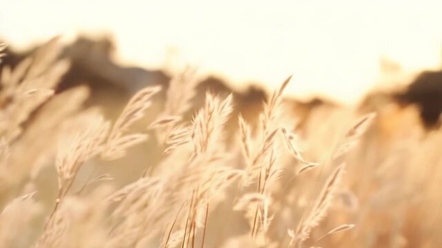Common reed grass with feathery plumes illuminated by the soft golden light of sunset, creating a tranquil and natural autumn atmosphere in a peaceful outdoor landscape