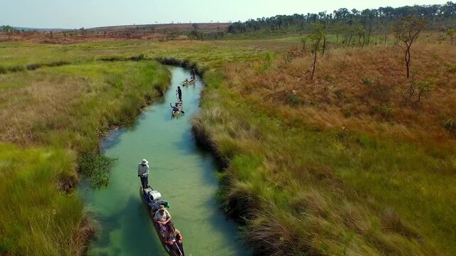Travelers navigate through narrow water channels in Okavango Delta. They paddle canoes while surrounded by tall grass and trees under clear skies. A journey through nature unfolds.