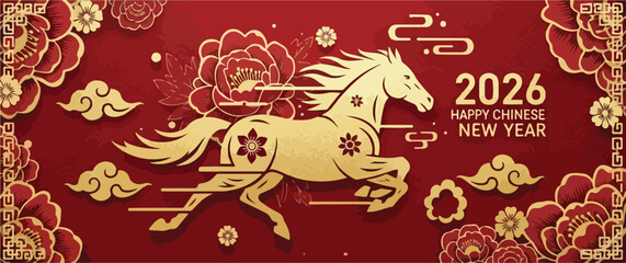Naklejka premium Chinese New Year 2026 Year of the Horse, gold galloping horse on red background, lunar new year banner EPS vector