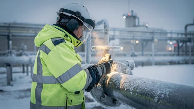 A worker in safety gear inspects a frosty gas pipeline during winter. The snowy scene suggests challenging conditions. Ideal for energy, infrastructure, and safety themes. Production, maintenance, car