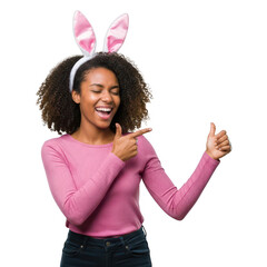 Young woman wearing bunny ears and pink top isolated on transparent background