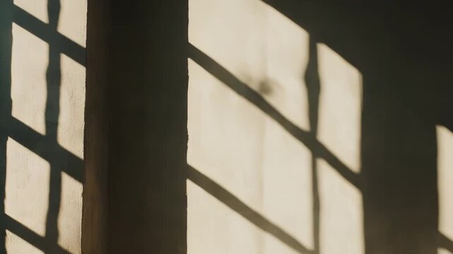 Architectural wall and floor bathed in warm natural sunlight, creating geometric window shadows on the textured surface, providing a tranquil and minimalist background
