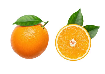 Vibrant whole and sliced orange, juicy segments, green leaves, transparent background, no shadows, flat lay overhead view, commercial product photography concept.