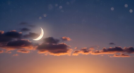 A serene night sky with a crescent moon shining through the clouds at sunset