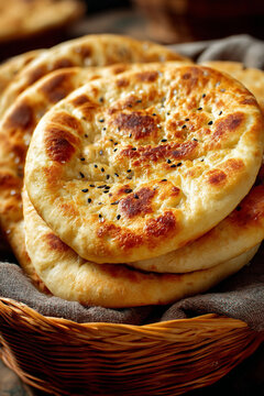 A close-up of freshly baked Omani bread ('Khubz'), golden brown and warm, emphasizing traditional baking and daily sustenance.