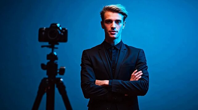 Young man in suit with camera setup