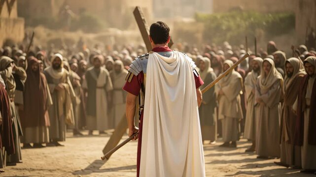 Roman soldier watching Jesus Christ carrying cross through crowded street, religious scene for Good Friday, Christianity theme