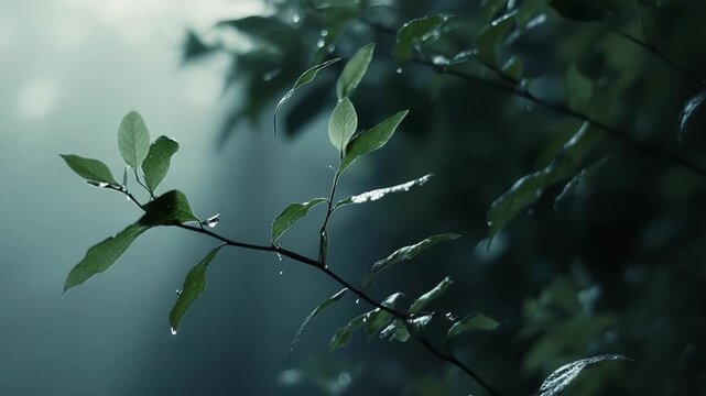 Green plant leaves are retaining fresh water droplets, creating a serene and natural atmosphere with a soft, misty background, highlighting peace, growth, and the quiet beauty of nature