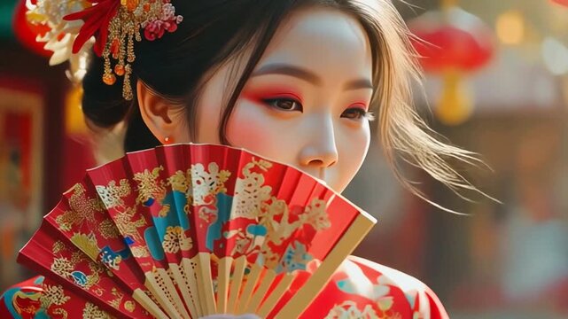 Close-up slow motion shot of a woman in a Qipao or Cheongsam dress using a decorative oriental fan, traditional Asian culture, AI generated animation.