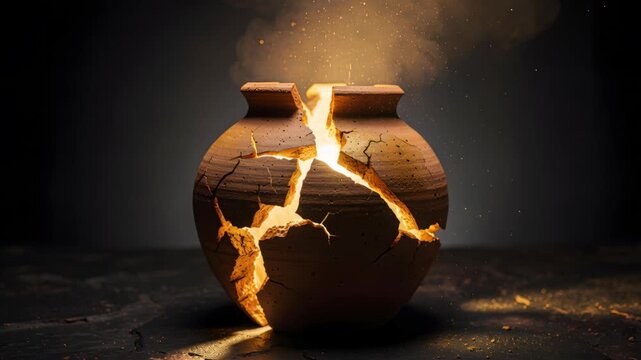 Cracked Pottery Radiates Light: An Artistic Depiction of Inner Strength after Trauma or Damage, against Dark Background for Conceptual Creativity or Restoration Themes