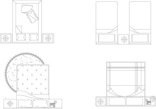 Technical vector illustration of bedroom floor plans from a top view, featuring single and double beds with nightstands and decorative rugs.