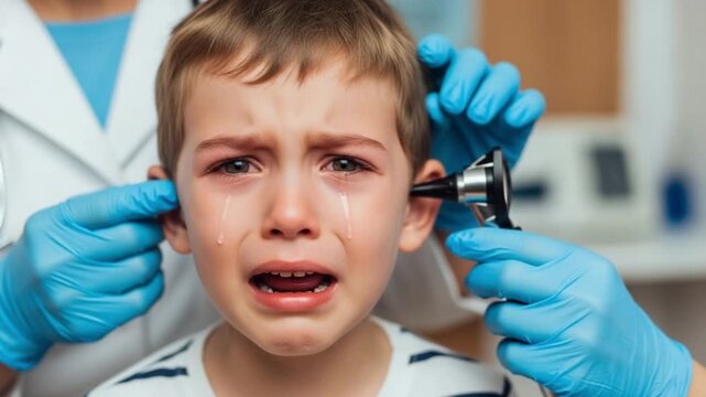 A young boy crying while getting his ear examined by a doctor with blue gloves and an otoscope