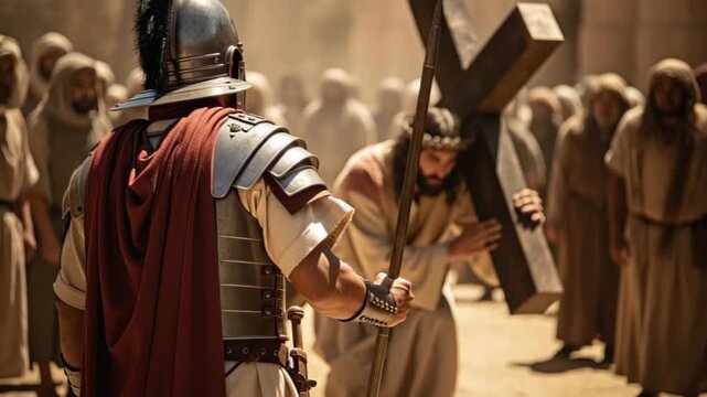 Roman soldier guards as Jesus carries the cross, collapsing under its weight for Christian and biblical narratives.