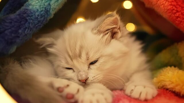 Sleeping white kitten in a colorful tunnel with string lights